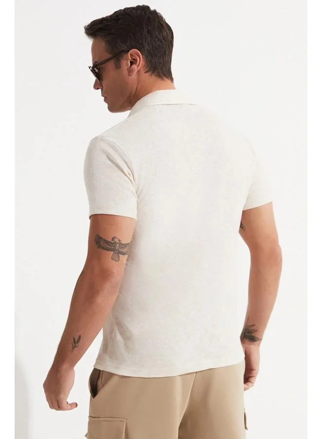 جون June Men Linen Looked Patterned Neck T-Shirt Beige