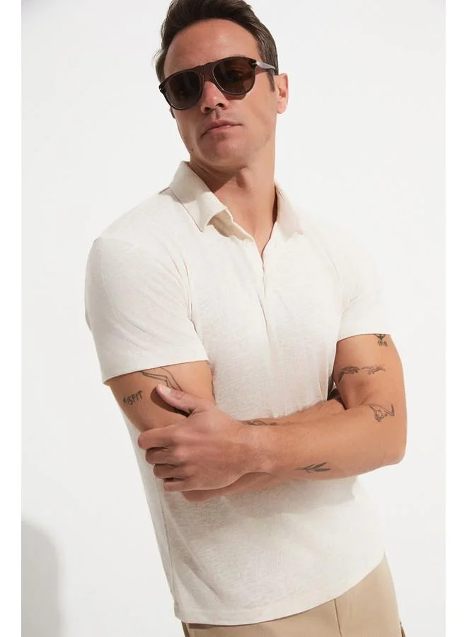 جون June Men Linen Looked Patterned Neck T-Shirt Beige