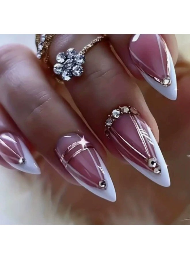 Goolsky Premium Long Stiletto Press-on Nails with Pink French Lines & Rhinestones for Luxe Glam