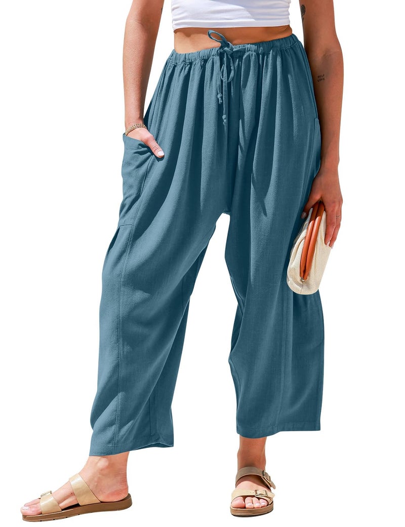 TARSE Womens Linen Wide Leg Pants Casual Loose Drawstring Low Waist Beach Palazzo Harem Pants with Pockets(Lakeblue,XL) - Image 1