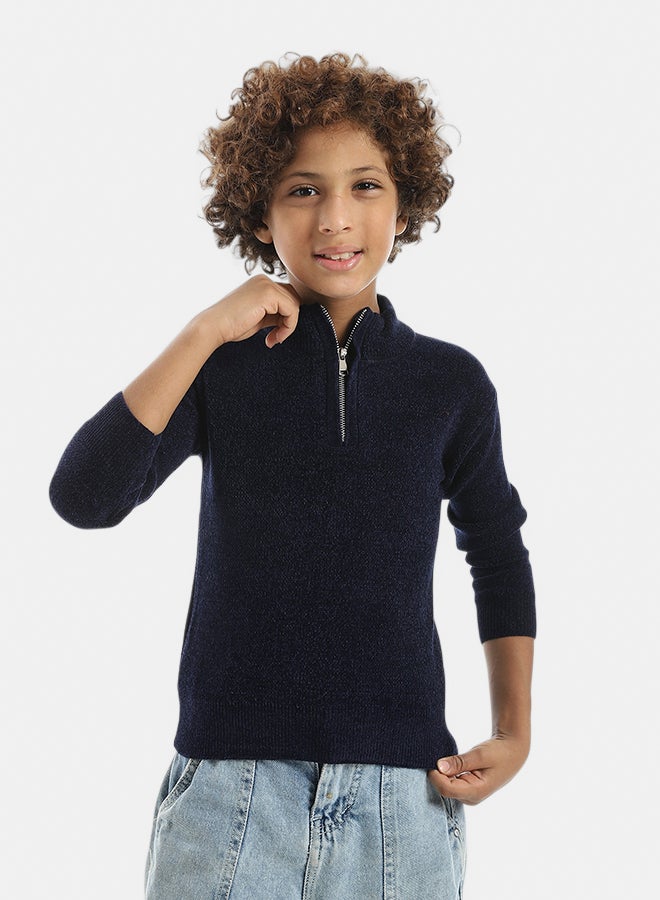 Andora Velvet Zipper Closure High Collar Navy Pullover_Navy - Image 1