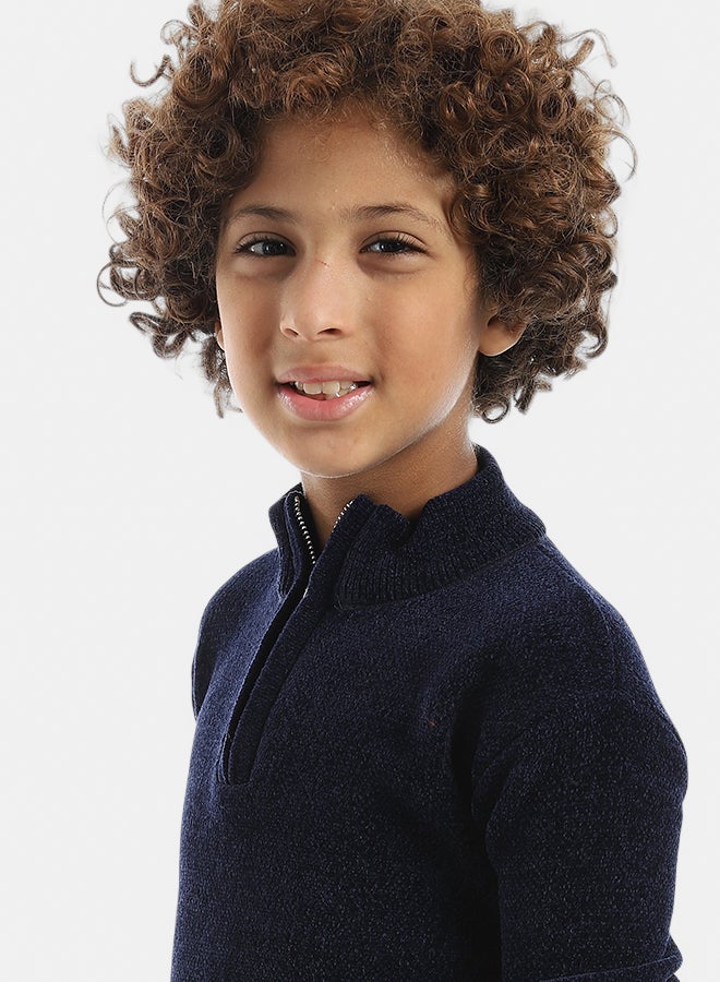 Andora Velvet Zipper Closure High Collar Navy Pullover_Navy - Image 4