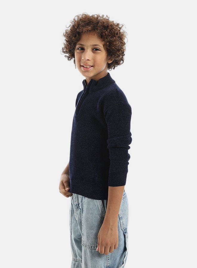 Andora Velvet Zipper Closure High Collar Navy Pullover_Navy - Image 2