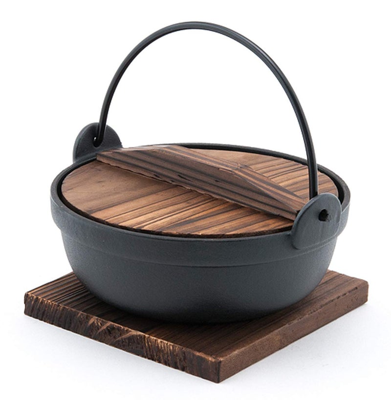 Happy Sales Happy Sales HSSNPHP675 Japanese Design Cast Iron Nabe Sukiyaki Nabemono Personal Size Hot Pot With Wooden Lid 28 floz 