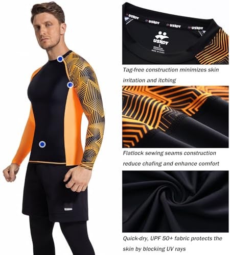 USKOY Men's Rash Guard Long Sleeve UPF 50+ Sun Protection Quick Dry Swim Shirt with Compression Fit for BJJ, Surfing & Gym Training Black Orange Large - Image 3