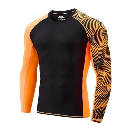 USKOY Men's Rash Guard Long Sleeve UPF 50+ Sun Protection Quick Dry Swim Shirt with Compression Fit for BJJ, Surfing & Gym Training Black Orange Large - Image 1
