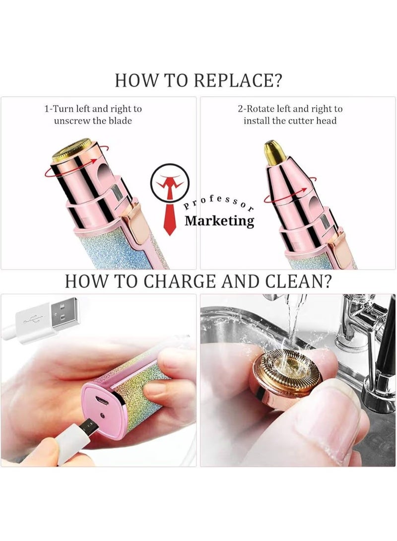 ناما أداة تشذيب الحواجب وإزالة شعر الوجه 2 في 1 للنساء، ماكينة حلاقة حواجب قابلة لإعادة الشحن لإزالة الشعر بدون ألم، أداة تشذيب شعر الجسم وحلاقة الشفاه والأنف والوجه مع رأسين بديلين وإضاءة LED - Image 2