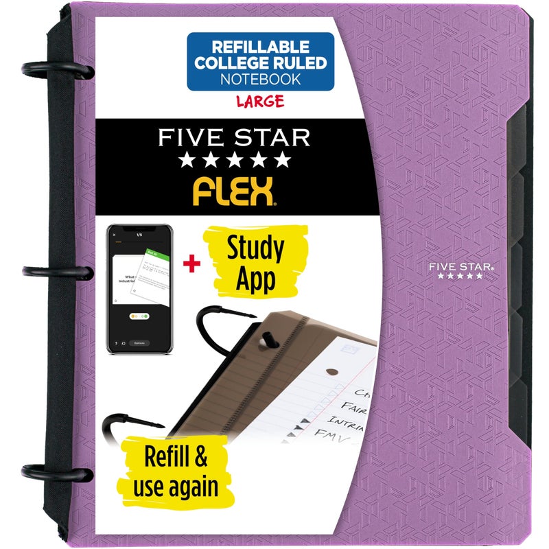 Five Star Flex Refillable Notebook Study App College Ruled Paper and 1 Inch TechLock Ring Binder with Pockets Tabs and Dividers 200 Sheet Capacity Amethyst Purple 29328AB6