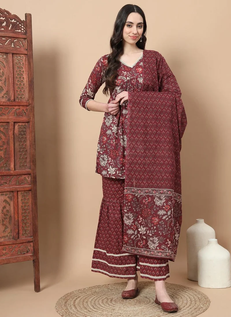 ZERESOUQ Maroon Floral Print Straight Alia-Cut Kurta Sharara Set