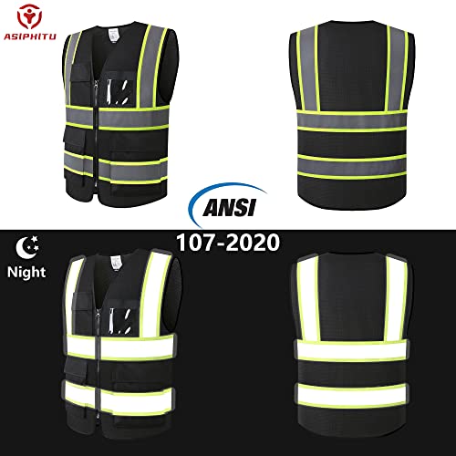 ASIPHITU Reflective High Visibility Safety Vest for Men Women Security with Pockets Zipper Front for Work Vest with Reflective Strips Meets ANSI/ISEA Standards(H-Black-L) - Image 5