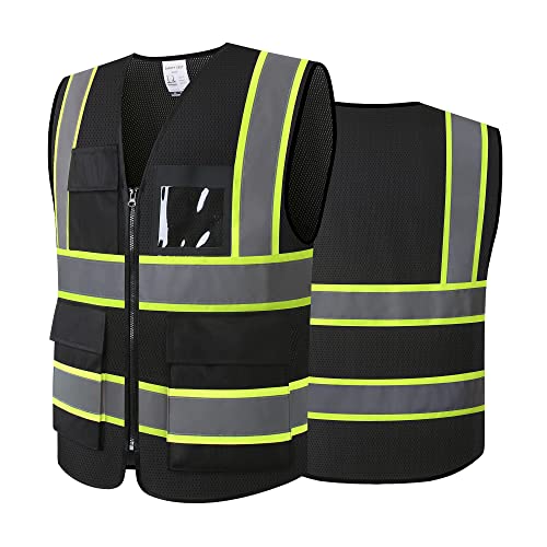 ASIPHITU Reflective High Visibility Safety Vest for Men Women Security with Pockets Zipper Front for Work Vest with Reflective Strips Meets ANSI/ISEA Standards(H-Black-L) - Image 4