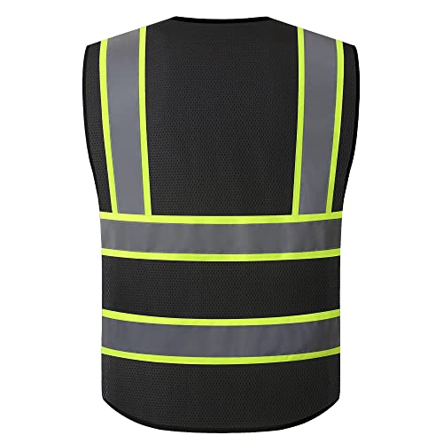 ASIPHITU Reflective High Visibility Safety Vest for Men Women Security with Pockets Zipper Front for Work Vest with Reflective Strips Meets ANSI/ISEA Standards(H-Black-L) - Image 2