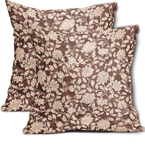 Anyako Brown Floral Pillowcase Set of 2 Brown and Cream Vintage Floral Throw Pillows Square 18x18 Inch Rustic Flowers Print Pillow Cushion Covers Farmhouse Decor for Home Living Room Bed Couch Sofa Outdoor - Image 1