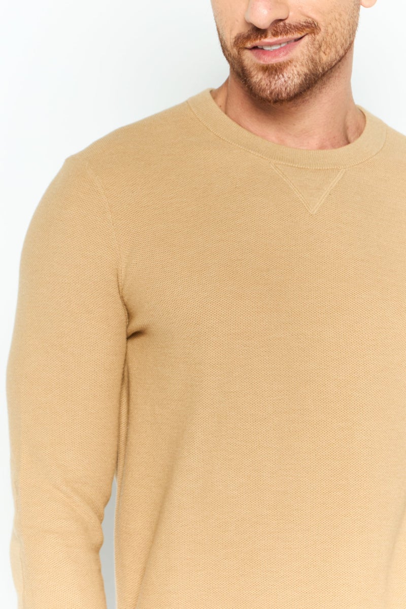 Michael Kors Men Crew Neck Long Sleeve Textured T-Shirt, Khaki  - Image 3