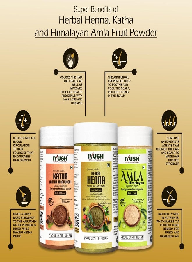 IYUSH Herbal Ayurveda Amla Powder with Katha Powder for Hair and Herbal Henna Powder for Hair Colour - 300gm | Natural Hair Colour | Hair Volume Powder | Hair Mask for Dry and Frizzy Hair | 100gm each - Image 3