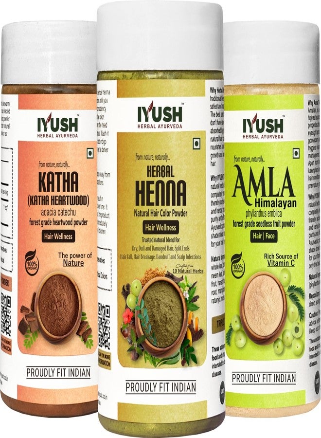 IYUSH Herbal Ayurveda Amla Powder with Katha Powder for Hair and Herbal Henna Powder for Hair Colour - 300gm | Natural Hair Colour | Hair Volume Powder | Hair Mask for Dry and Frizzy Hair | 100gm each - Image 1