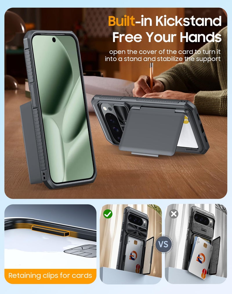 oupeigar for Google Pixel 10 Pro XL Case with Card Holder & RFID Blocking & Sliding Camera Cover & Kickstand Non-Slip Full-Body Shockproof Wallet Phone Case for Pixel 10 Pro XL (Black) - Image 5