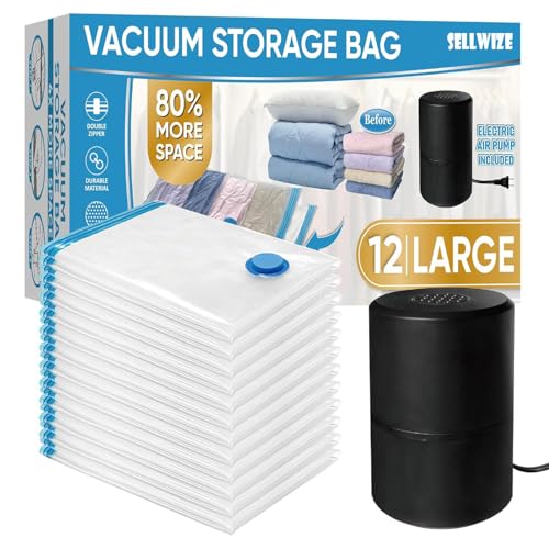 SELLWIZE Vacuum Storage Bags with Electric Air Pump, 12 Large (33.5x21.7in), Space Saver Bags with Pump, Storage Vacuum Sealed Bags for Clothes, Comforters, Blankets, Bedding - Image 1