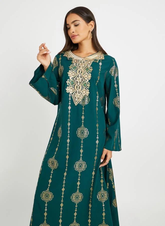 تايك تو Take Two Printed Lace Detail Long Sleeve A-Line Jalabiya