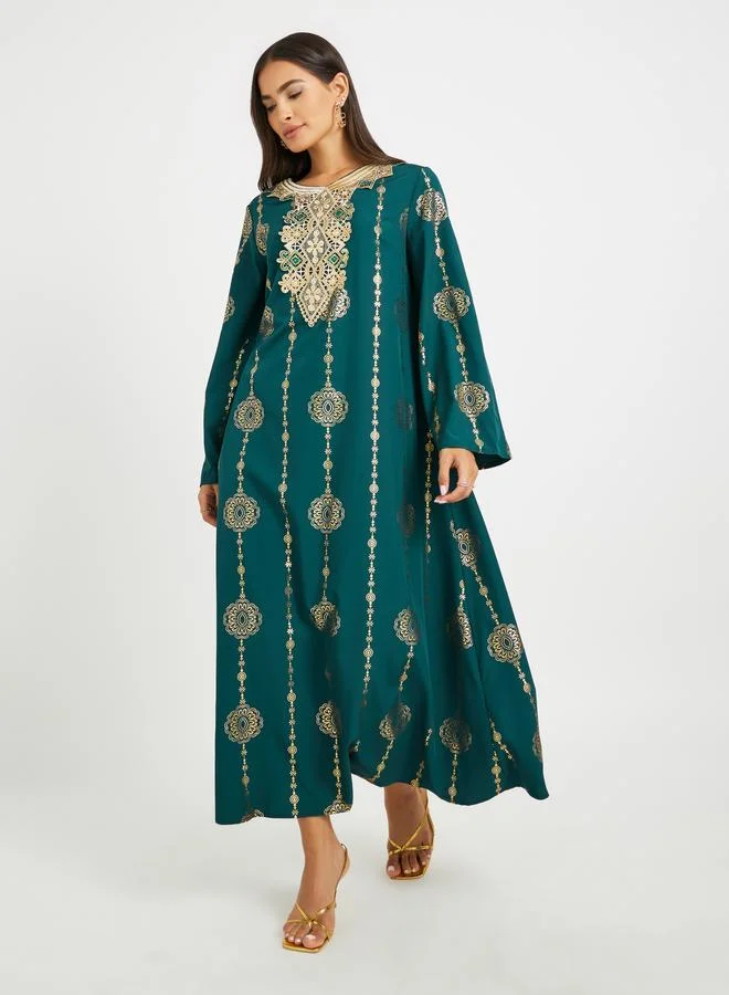 تايك تو Take Two Printed Lace Detail Long Sleeve A-Line Jalabiya