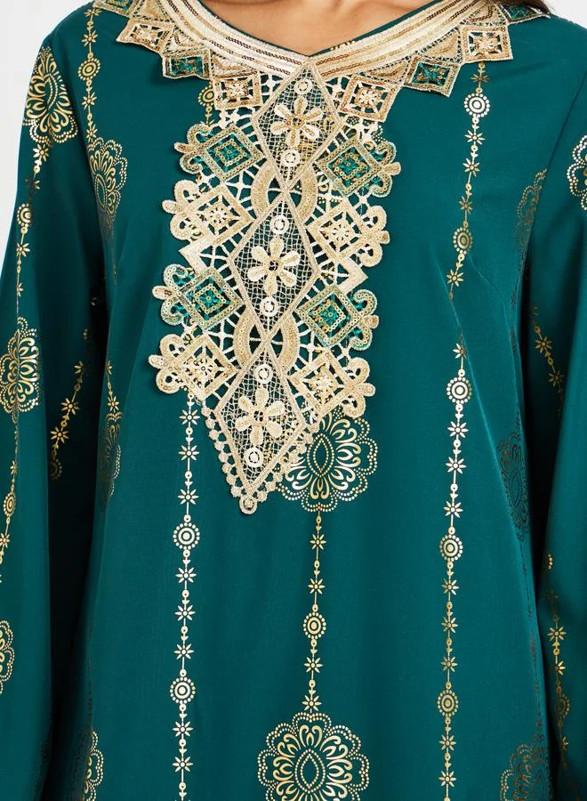 تايك تو Take Two Printed Lace Detail Long Sleeve A-Line Jalabiya