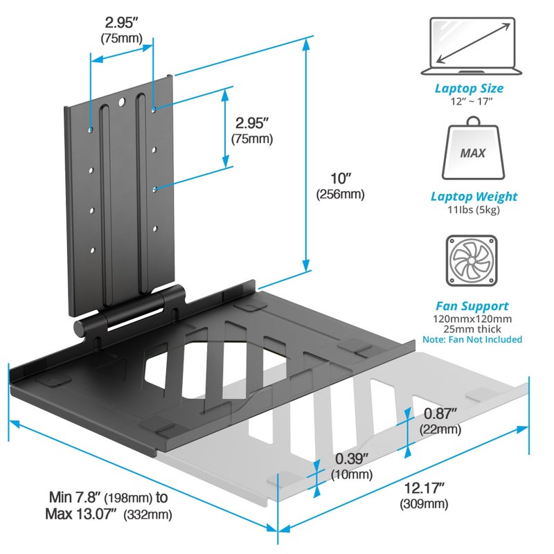 AVLT Adjustable Laptop Tray with Support for 120mm Fan Compatible with VESA 75x75 Monitor Arm - Fits Up to 17Inch Laptops - Weighs 4.41lbs, Black (Fan Not Included) - Image 2
