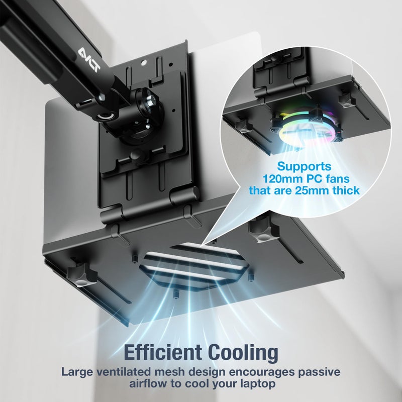 AVLT Adjustable Laptop Tray with Support for 120mm Fan Compatible with VESA 75x75 Monitor Arm - Fits Up to 17Inch Laptops - Weighs 4.41lbs, Black (Fan Not Included) - Image 4
