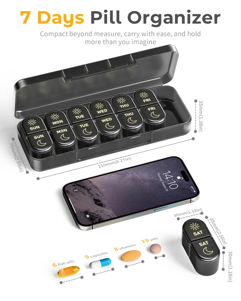Pillex AM & PM Pill Organizer 7 Days, Weekly Pill Case 2 Times a Day, Pill Box 7 Day, Medicine Pill Organizer for Travel, Vitamins, Fish Oils, Supplements - Image 3