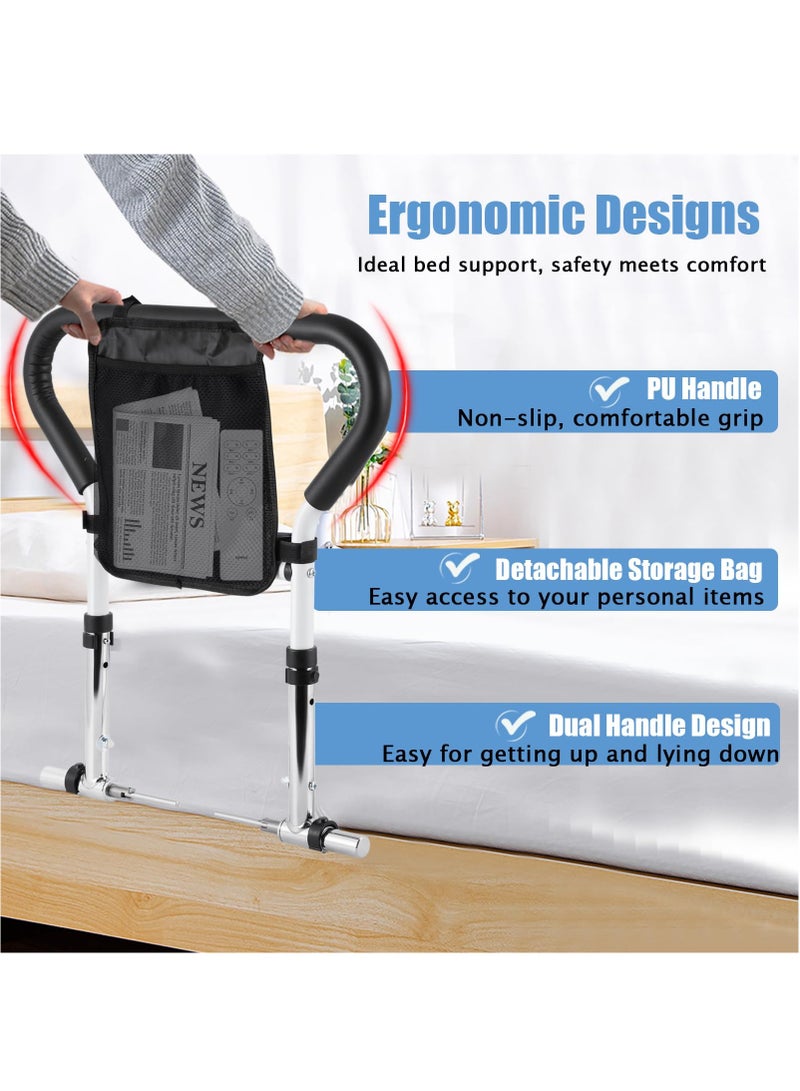 XiuWoo Bed Rails for Elderly Adults, 180°Foldable Bed Assist Rail for Seniors 2-Level Height Adjustable with Storage Pocket Safely Assist Handrail for Seniors, Pregnant Women, People in Need - Image 2