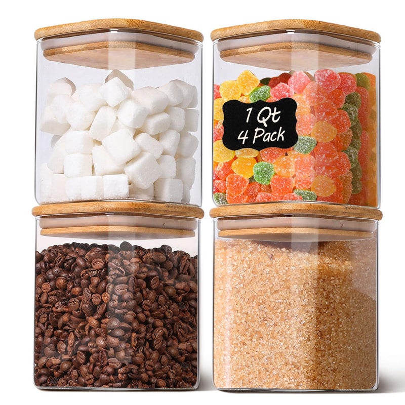 KTMAMA 1Qt Airtight Glass Canisters with Bamboo Lid, Square Pantry Storage Containers for Coffee, Cookie, Candy, Snack, Nuts, Dry Goods - Kitchen & Pantry Organizers and Storage Containers 4 pack - Image 1