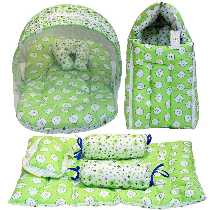 Fareto Combo of Baby Bed with Net | Carry Bag | 4 Pcs Bedding Set (0-6 Months, Baby Size, Cotton) (Green Sheep) - Image 1