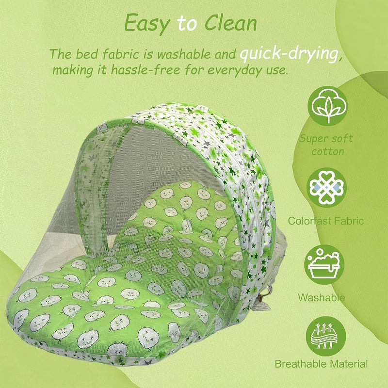 Fareto Combo of Baby Bed with Net | Carry Bag | 4 Pcs Bedding Set (0-6 Months, Baby Size, Cotton) (Green Sheep) - Image 3