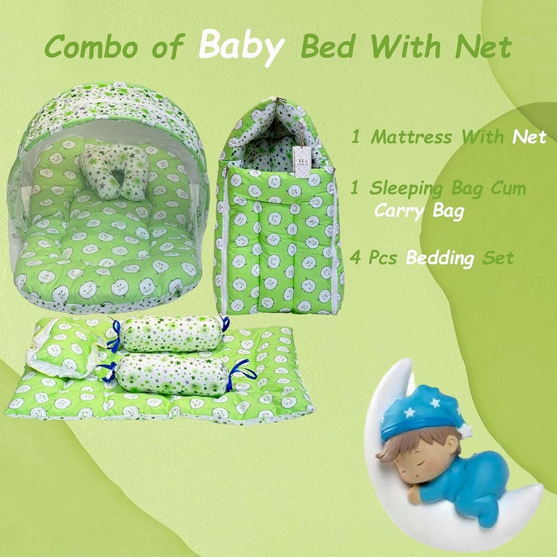 Fareto Combo of Baby Bed with Net | Carry Bag | 4 Pcs Bedding Set (0-6 Months, Baby Size, Cotton) (Green Sheep) - Image 2