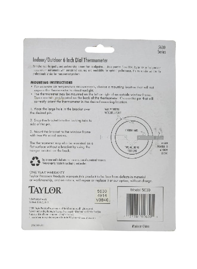 تايلور ميزان حرارة معدني دقيق داخلي/خارجي أبيض وأسود 6 بوصة 5630 - Image 3
