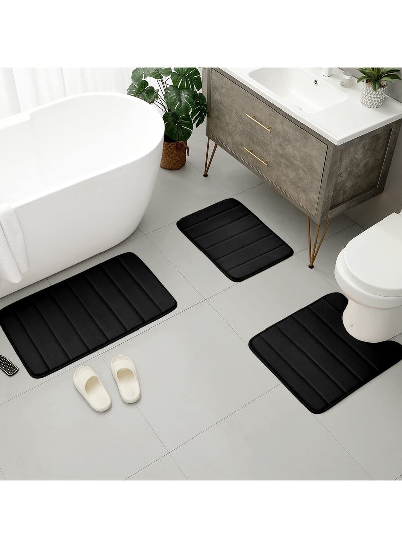 شو وو مجموعات سجاد الحمام 3 قطع ، مجموعة حصائر الحمام الميموري فوم سميكة للغاية ، غير قابلة للانزلاق للحمام ، ماصة للماء ، سجاد حمام قابل للغسل للحوض والمرحاض والأرضية السوداء - Image 2