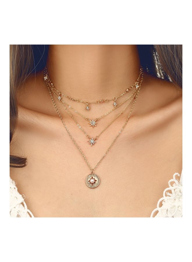 Alloy Faux Pearl And Rhinestone Studded Multilayer Necklace Gold
