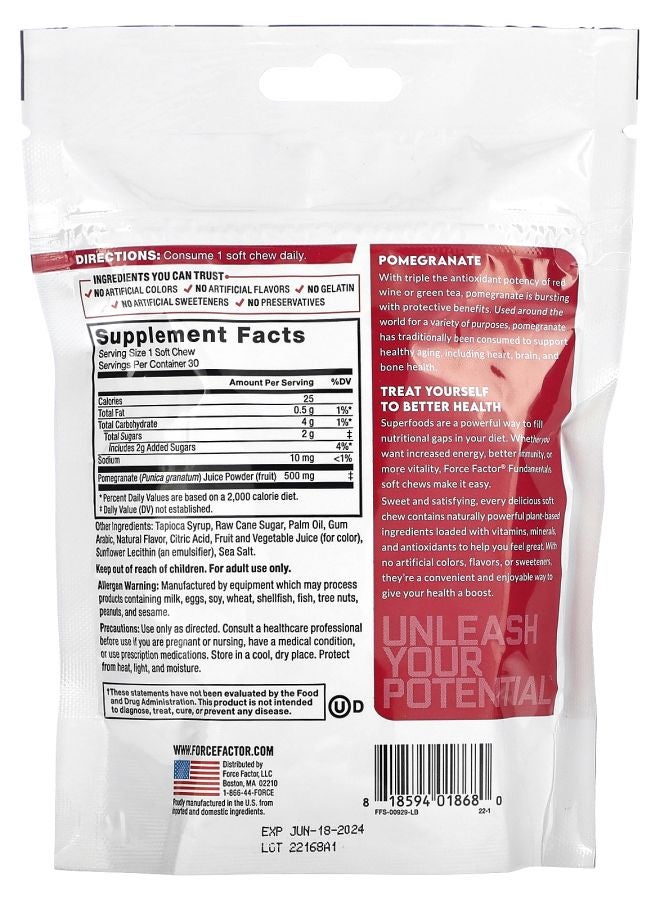 Force Factor Fundamentals Pomegranate 30 Soft Chews (500 mg per Chew) - Image 2