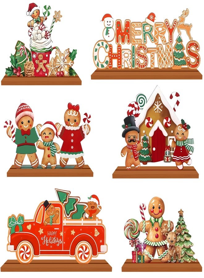 EUVBOKW 6 Pcs Christmas Gingerbread Wooden Table Decorations Merry Christmas Snowflake Gingerbread Man Wooden Centerpiece for Xmas Holiday Dinne Party Decor Supplies - Image 1