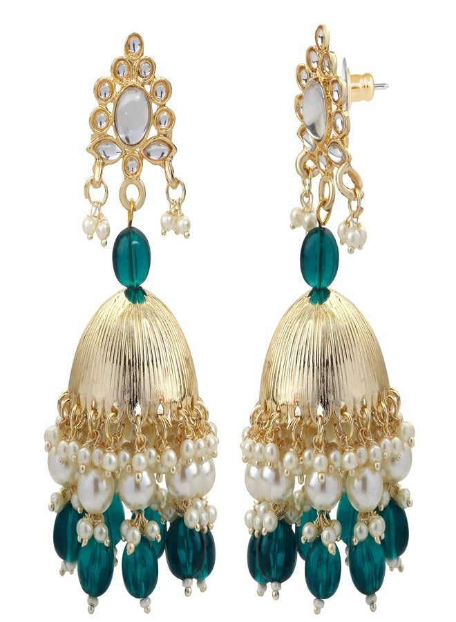 Mahi Gold Plated Green and White Artificial Pearls Traditional Indian Jhumka Earring for Women (ER1109813GGre) - Image 1
