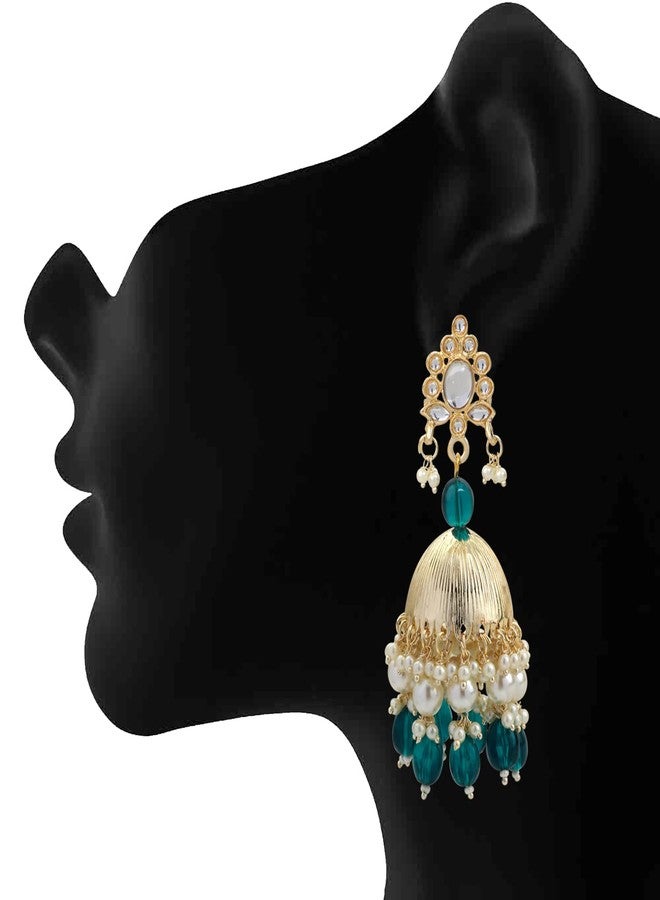 Mahi Gold Plated Green and White Artificial Pearls Traditional Indian Jhumka Earring for Women (ER1109813GGre) - Image 3