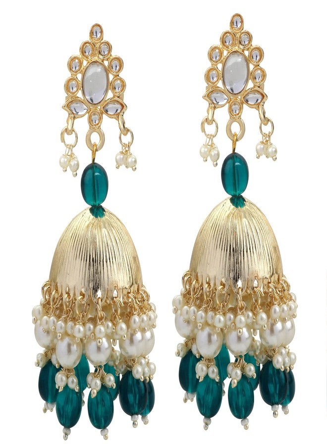 Mahi Gold Plated Green and White Artificial Pearls Traditional Indian Jhumka Earring for Women (ER1109813GGre) - Image 5