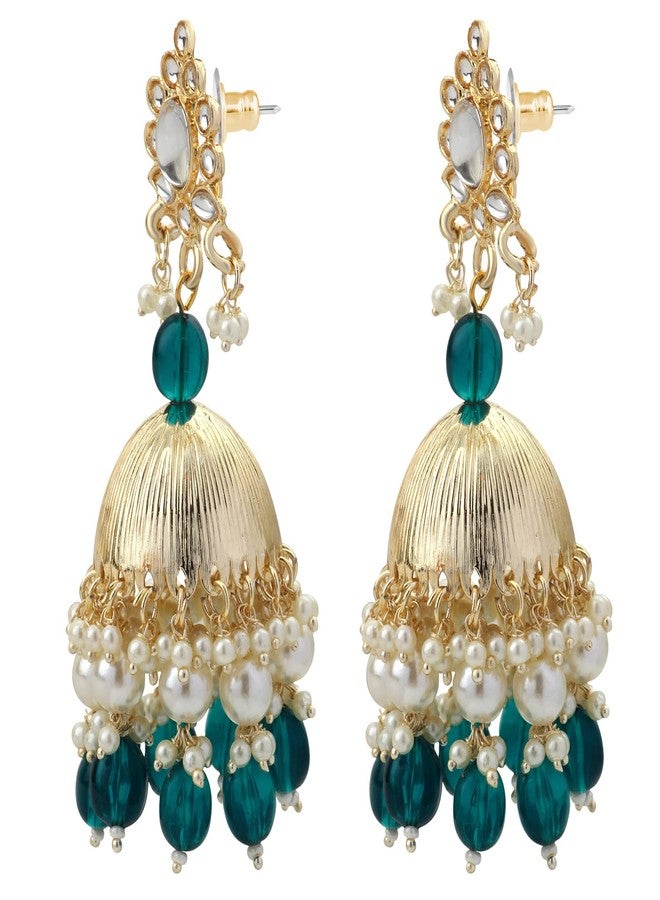 Mahi Gold Plated Green and White Artificial Pearls Traditional Indian Jhumka Earring for Women (ER1109813GGre) - Image 4