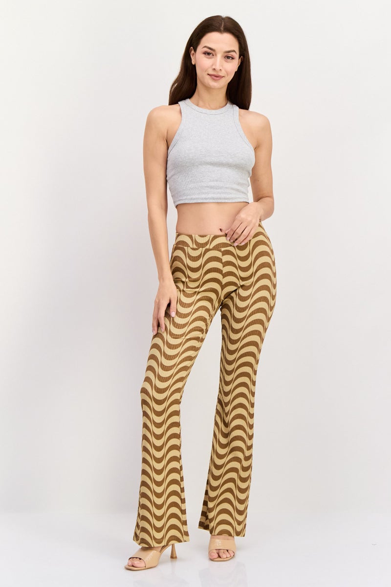 ONLY Women Wave Print Stretchable 32 Inseam Flare Pants, Khaki - Image 2