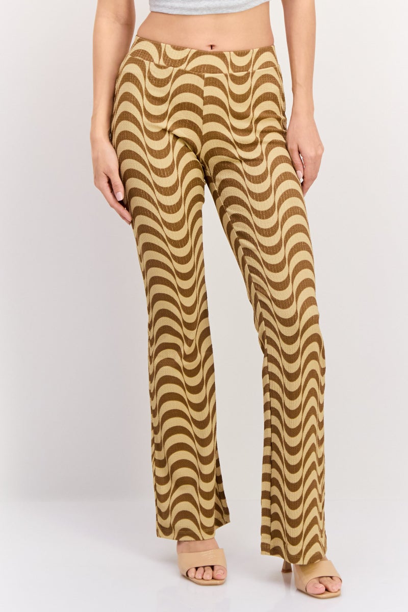 ONLY Women Wave Print Stretchable 32 Inseam Flare Pants, Khaki - Image 1