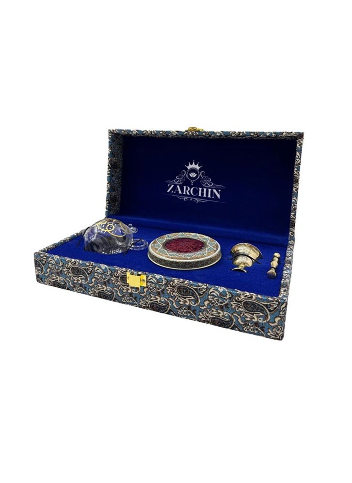 ZARCHIN Luxury Saffron Box ,Handmade Persian Termeh Box with Mortar and Little Pot ,3gm Super Negin Saffron  - Image 1