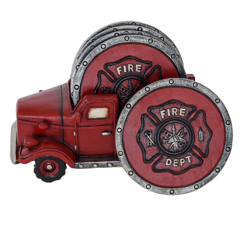 Pine Ridge Fire Truck Coaster Set of 5  Firefighter Kitchen Table Coasters Set Rustic Home Decor Living Room  Firefighter Coaster Sets with Holder Dining Room Decor and Accessories 