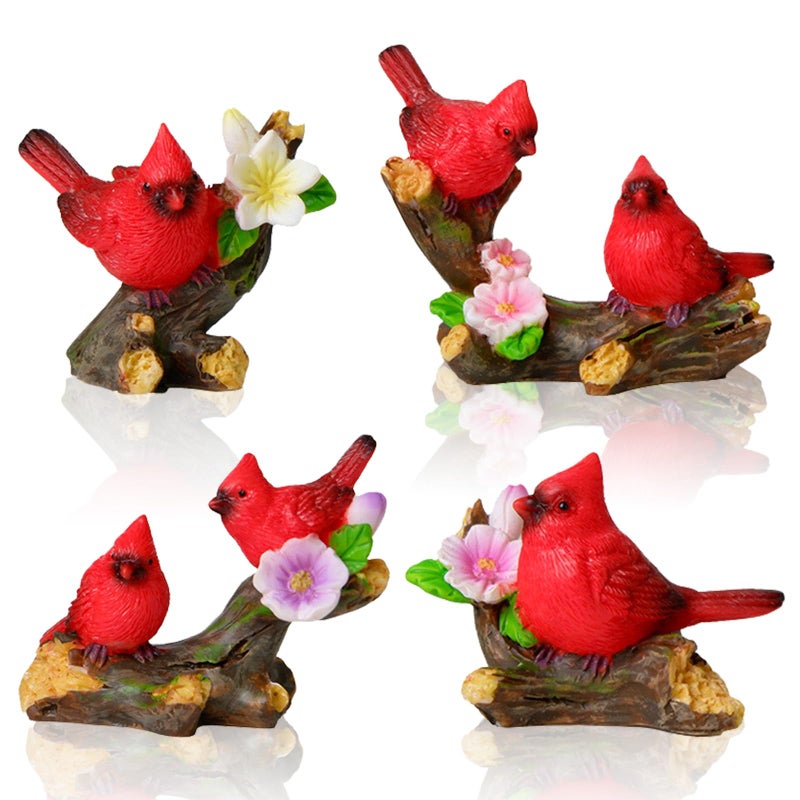 Pamonrueer 4 Pcs Miniature Cardinal Figurines Mini Red Cardinal Bird on Tree Branch with Flowers for Home Cake Decorating Party Supplies Birthday Gifts Fairy Garden Accessories - Image 1