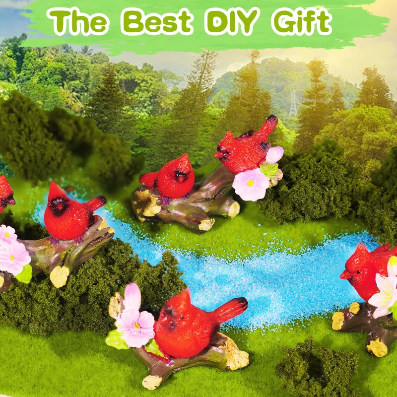 Pamonrueer 4 Pcs Miniature Cardinal Figurines Mini Red Cardinal Bird on Tree Branch with Flowers for Home Cake Decorating Party Supplies Birthday Gifts Fairy Garden Accessories - Image 3