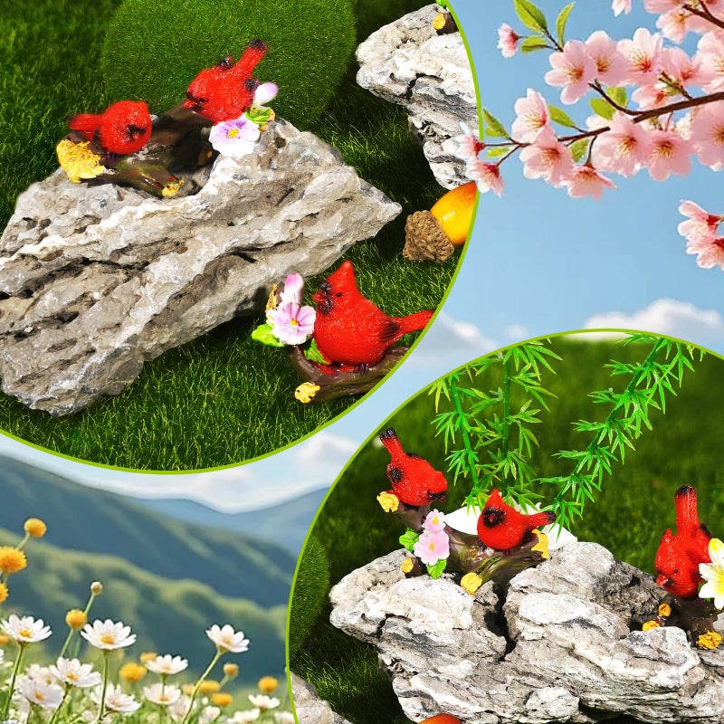 Pamonrueer 4 Pcs Miniature Cardinal Figurines Mini Red Cardinal Bird on Tree Branch with Flowers for Home Cake Decorating Party Supplies Birthday Gifts Fairy Garden Accessories - Image 5