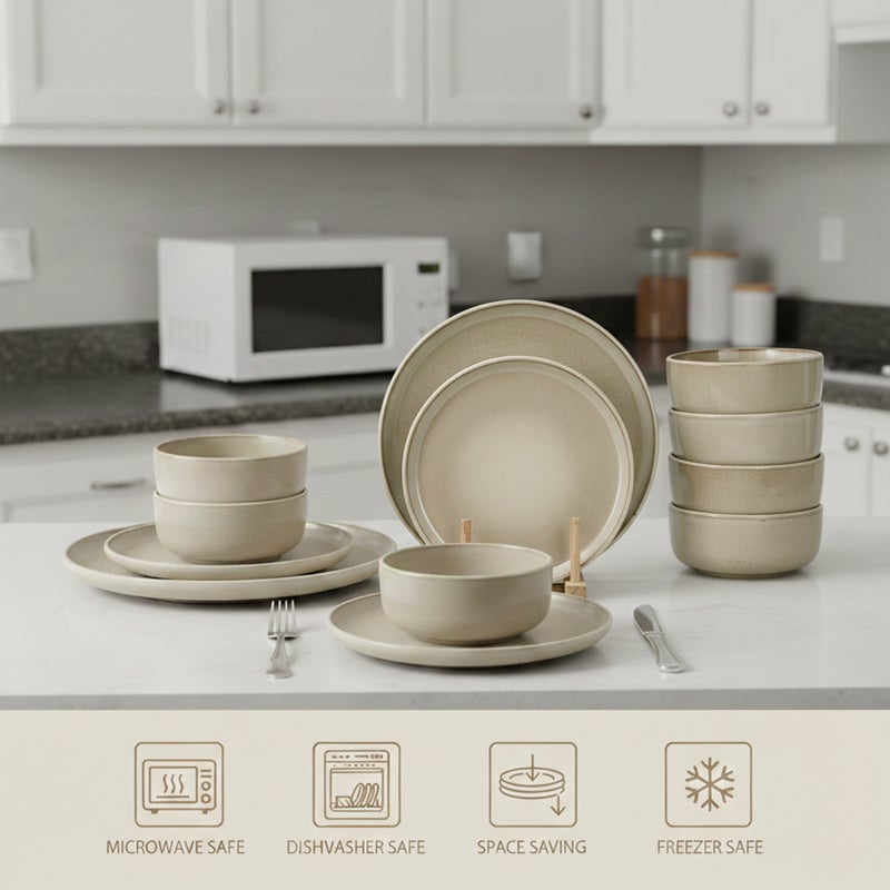 Shallow طقم عشاء شالو ستون وير ركس 18 قطعة، بيج | طقم أدوات مائدة يخدم 6 أشخاص | 6 أطباق عشاء 6 أطباق جانبية 6 سلطانيات خفيفة الوزن قابلة للتكديس لطقم أطباق وسلطانيات للوجبات العائلية في المنزل - Image 3